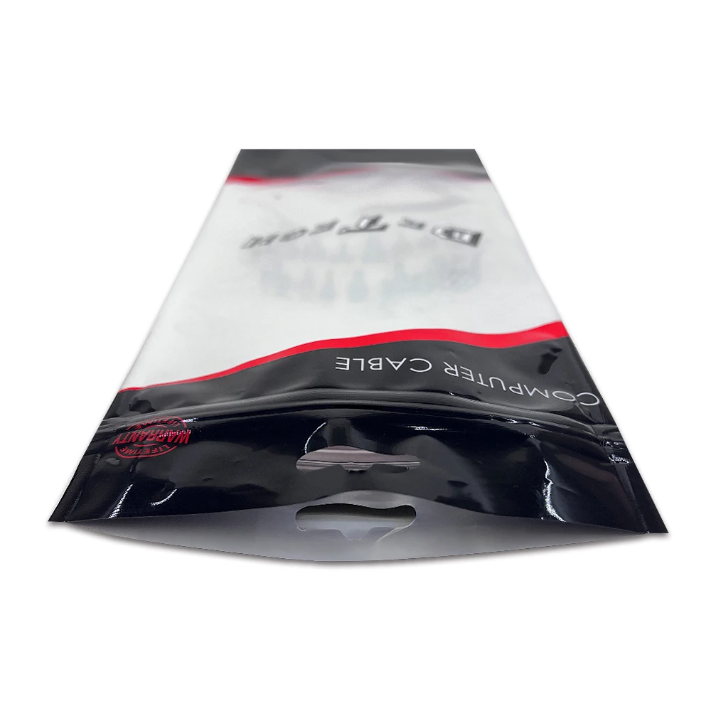 Digital Printing Custom Clear Window Three Sides Seal Zipper Bag For Computer Cable Packaging Bag