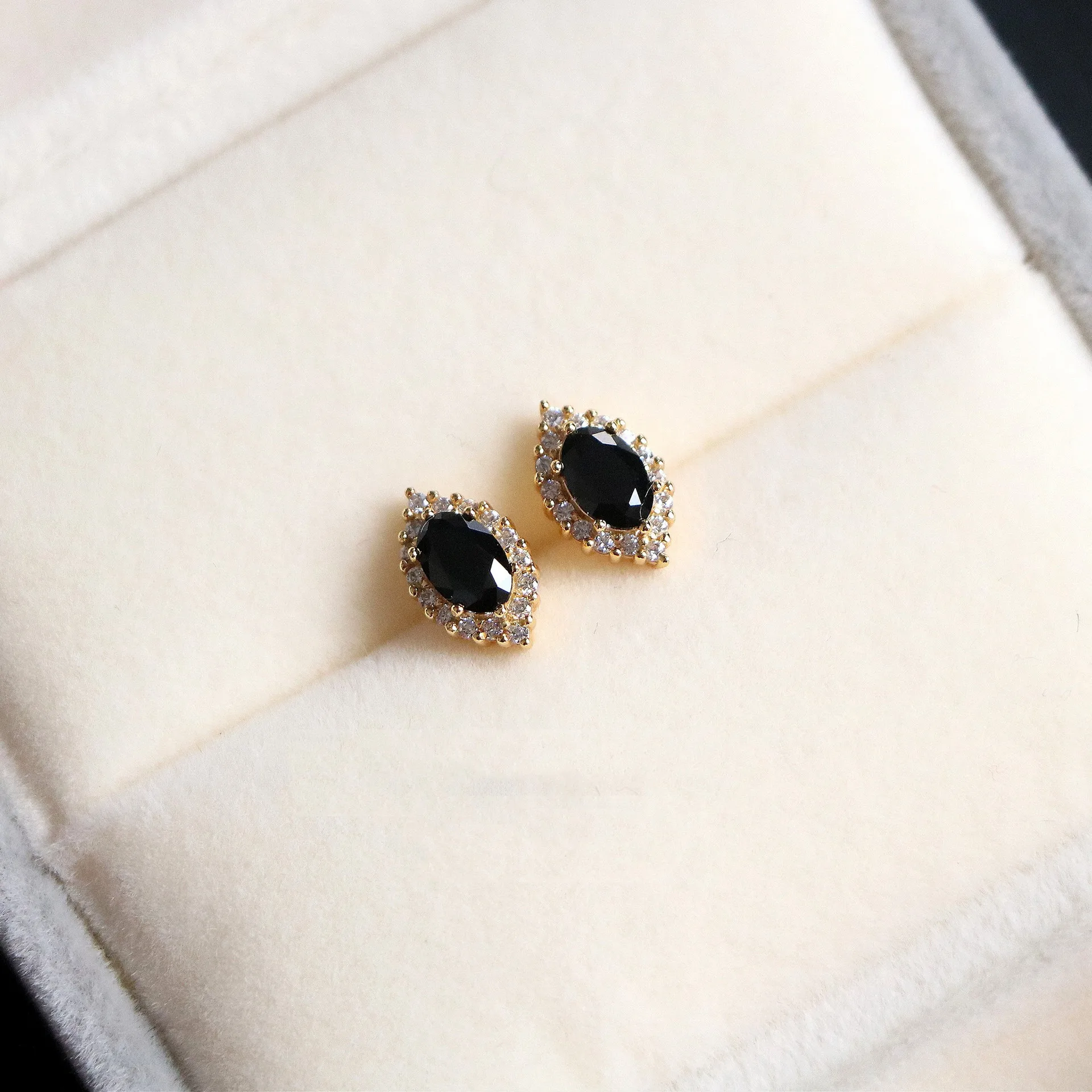 Maxery French Black Onyx Ellipse Earring 14K Gold Plated 925 Sterling Silver 5A Zircon Earrings for Exquisite Women