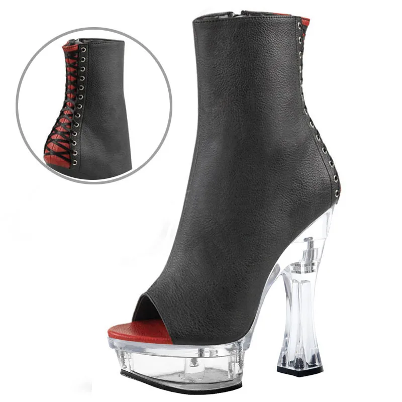 14cm back strap high-heeled PU leather boots ultra-high ankle Dance Shoes Sexy nightclub pole dance T-stage model walk show high