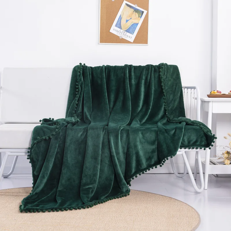 Reactive Printing and Dyeing Eco-friendly Flannel Blanket Four Seasons Super Soft Short Plush Tassel Ball INS Style Blanket