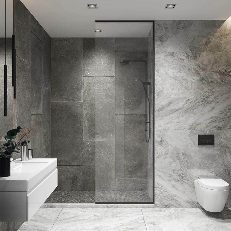 Seawin Modern Swing Black Frame Fixed Panel Tempered Glass Shower Doors