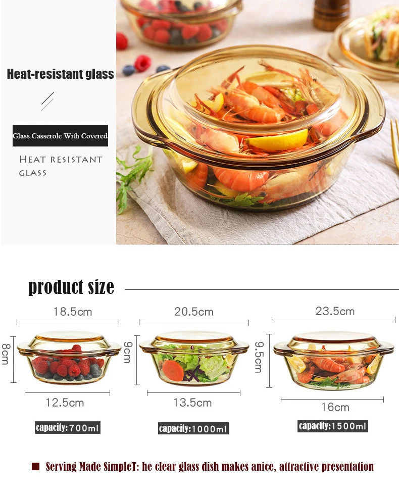 Earth-friendly High borosilicate amber glass round casserole with glass lid with handle baking casserole pot