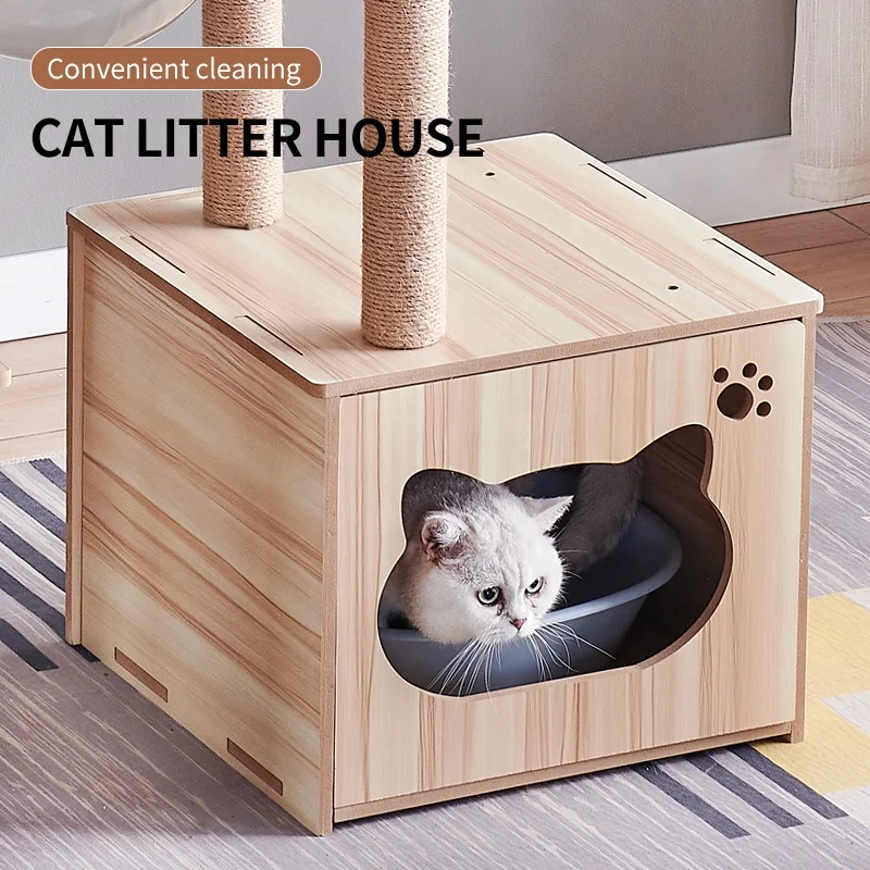 Medium-sized indoor wooden cat condo spire cat house, platform, sisal scratching post with cat litter box luxury cat tower tree