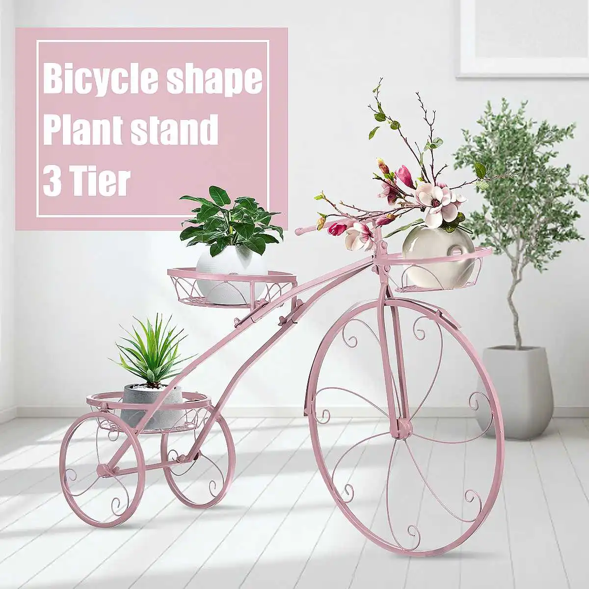 Metal Flower Display Rack Wrought Iron Bicycle Plant Pot Stand for Garden Flower Shop Decor