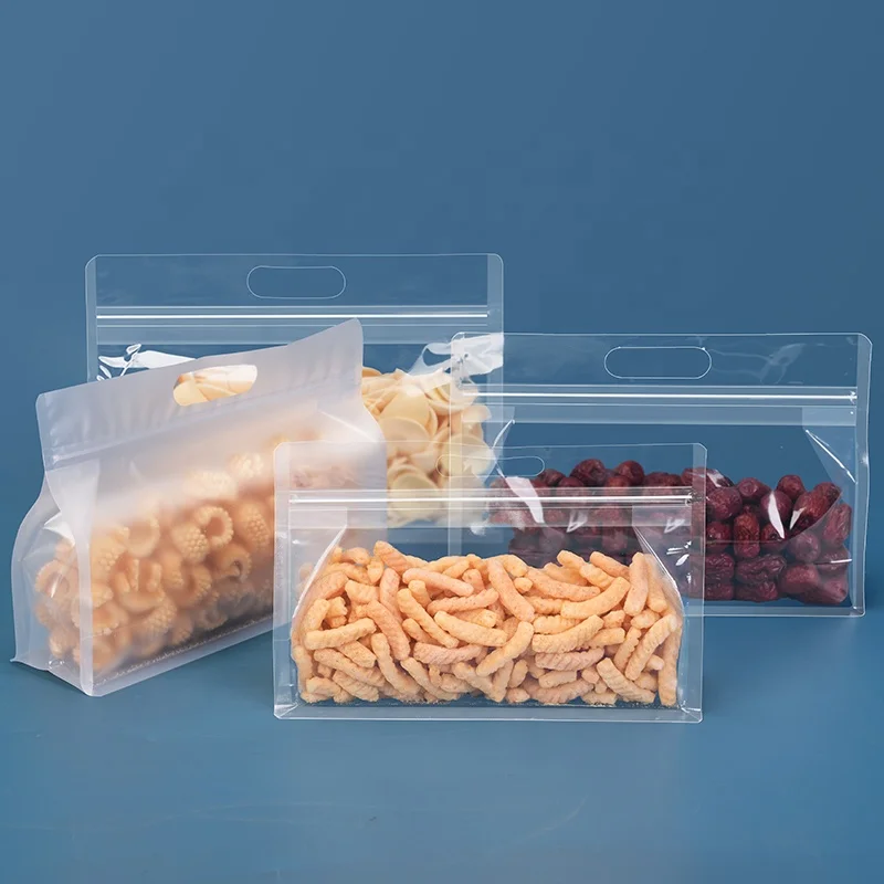 In Stock Resealable Clear Frosted Stand up Pouch Packaging Plastic Zipper Gusset Transparent Bag With Handle