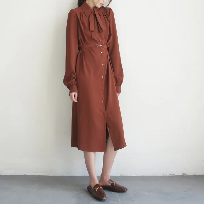 2022 Spring New Style Women Long Sleeve Midi Dress Fashion Turn Down Collar Slim Elegant Shirt Skirt