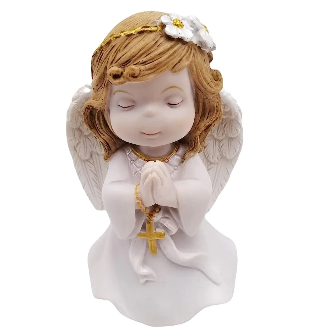 Polyresin Figurine Praying Angel Girl with Rosary Decoration for Christmas Communion and Nativity Faith and Hope Collection