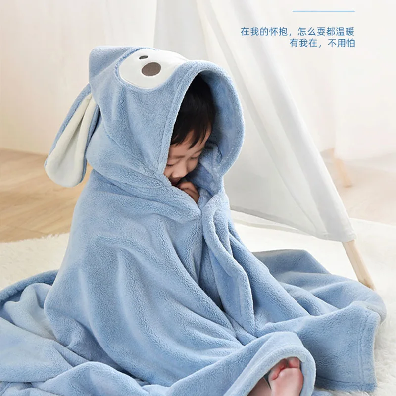 Wholesale Soft and Water Absorption Coral Fleece Baby Bathrobes Cute Hooded Robes Cloak Bath Towel Baby Blanket