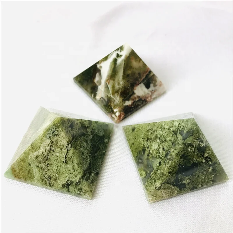 Natural green crystal moss agate gemstone Pyramid