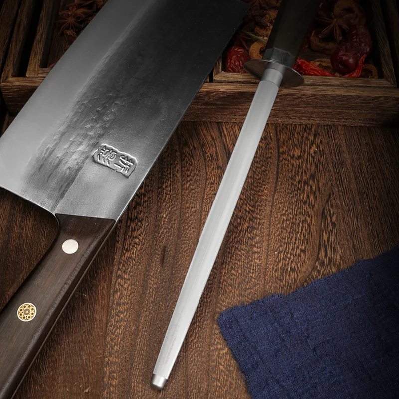 High Quality Carbon Steel Fine Grain Sharpening Rod Butcher Special Quick Manual Knife Sharpener With Wood Handle