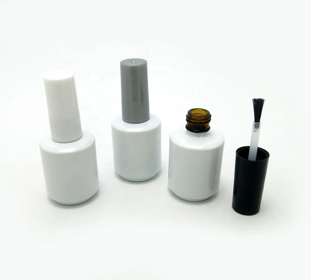 Free Sample Empty White Glass Nail Polish Bottle With White Black Grey Brush Cap 1/2oz Glass Container