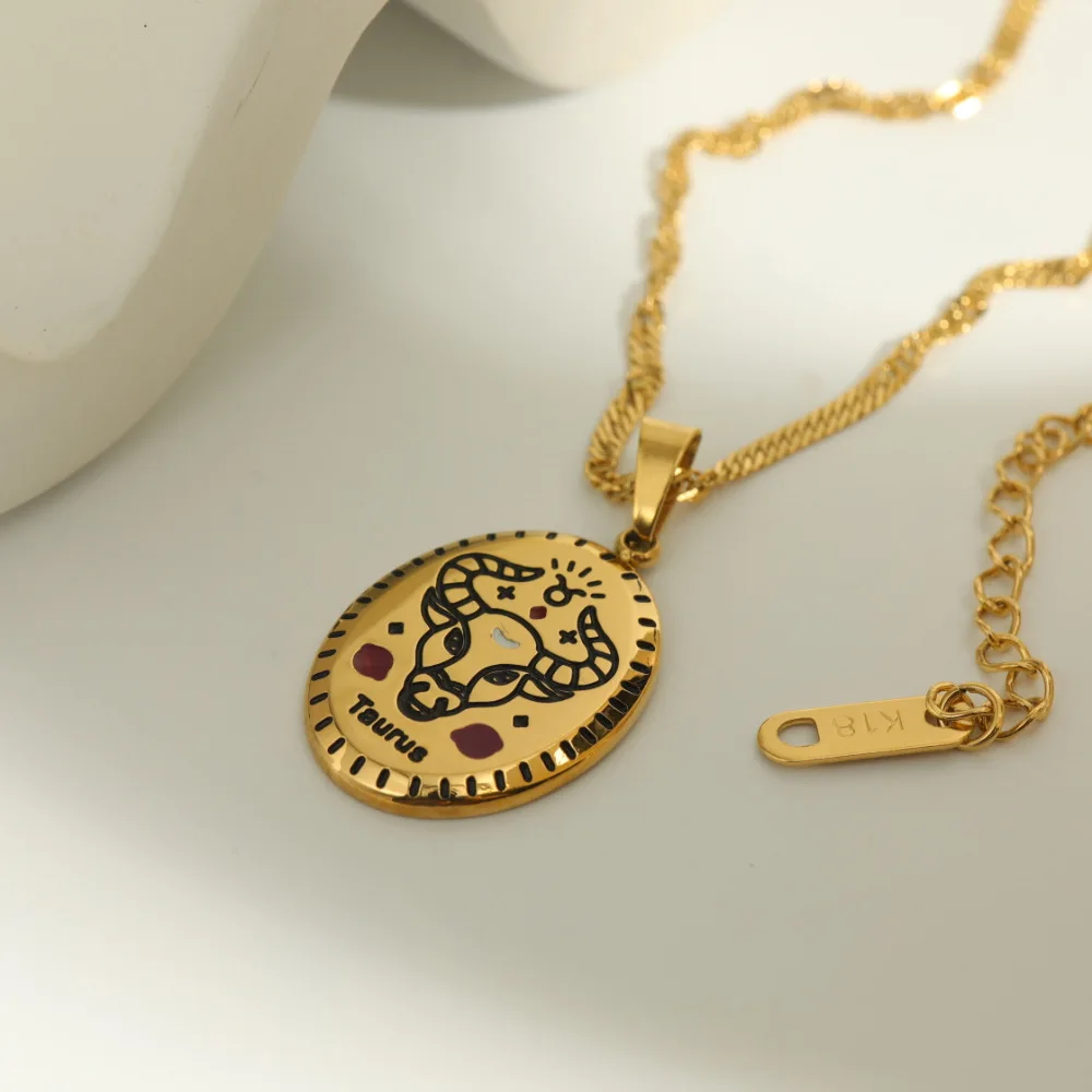 Vintage Gold Plated Vermeil Zodiac Necklace Jewelry Stainless Steel Star Sign Pendant Zodiac Medallion Astrology Necklace