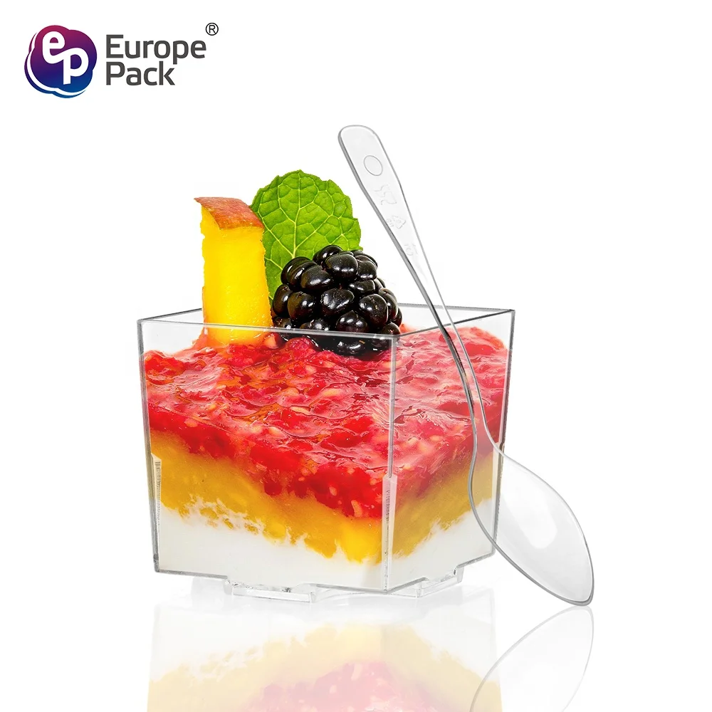 Europe-Pack 60ml 2oz disposable square PS plastic ice cream dessert pudding cup with spoon