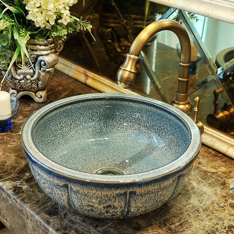 China Painting Ceramic Painting Art Porcelain Bathroom Vessel Sinks Round blue above countertop wash basin Antique Hotel Basin