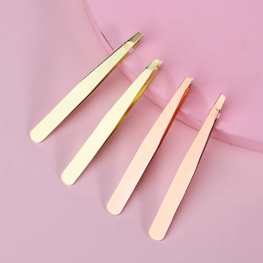 Custom logo rose gold eyebrow tweezers stainless steel gold brow tweezers slanted tip eyelashes tweezers for eyebrow shaping