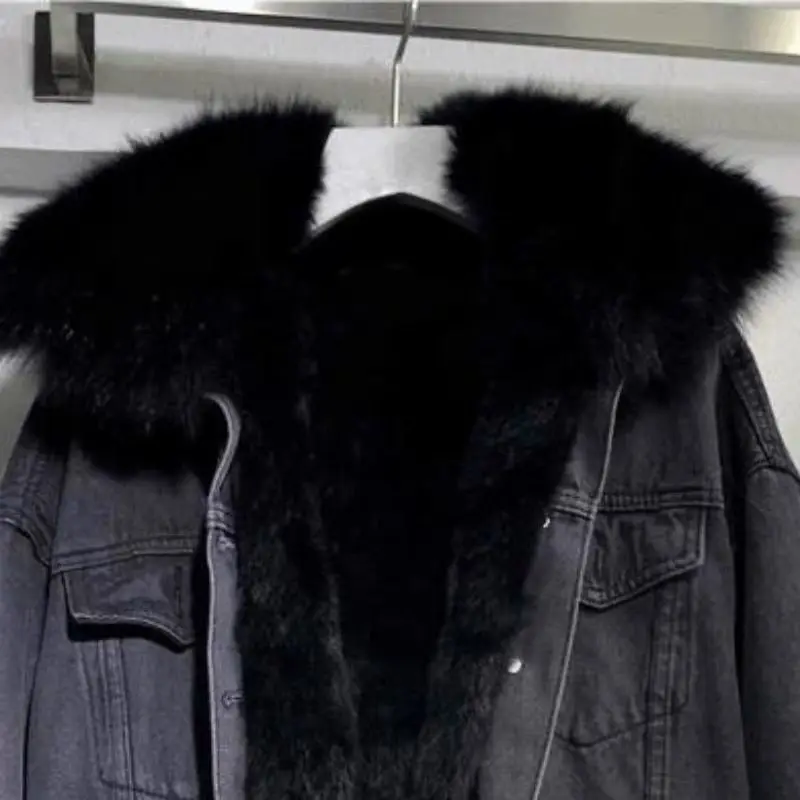 2022 Japan Korea autumn winter new fashion fur jean jacket for women denim coat fur lining vintage casual jacket