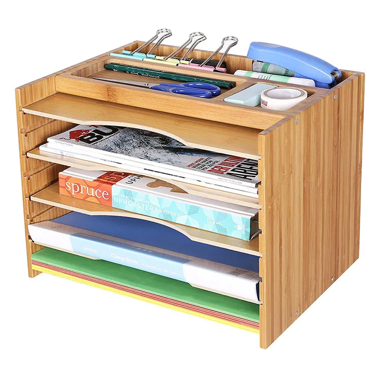 Office desk organizer adjustable height removable 5 tier a4 bamboo document letter magazine file tray