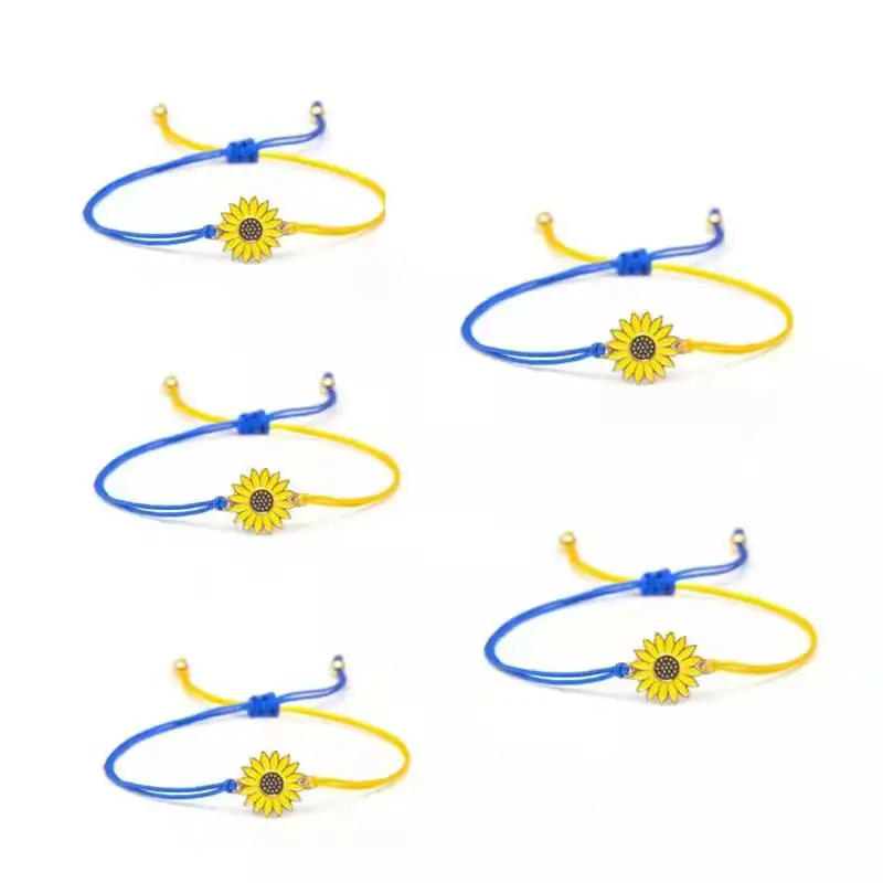 Rinhoo Handmade Braided Sunflower Bracelet for Women Minimalist Daisy Flower Bracelets Blue Yellow Ukraine Flag Charm Jewelry