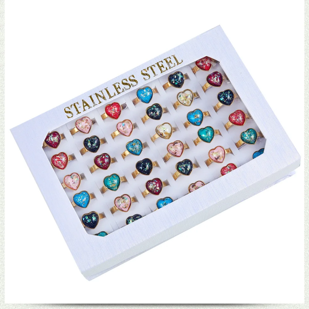 36PC/BOX Bohemia Vintage Natural Stone Gold Plating Ring Colorful Cat Eye Titanium Finger Men lady Stainless steel Rings