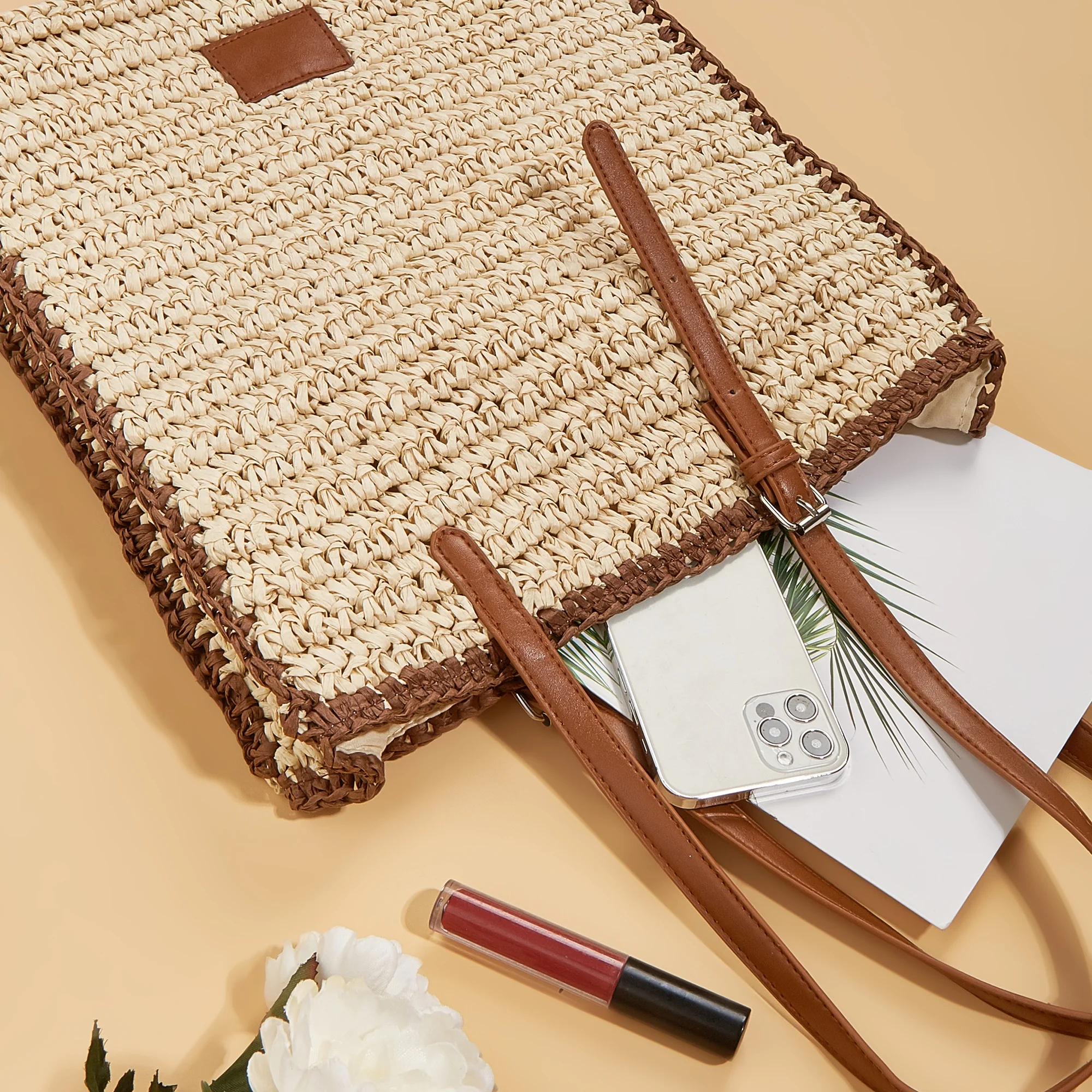 2024 fashion women beige crochet straw tote shoulder bag with leather handle