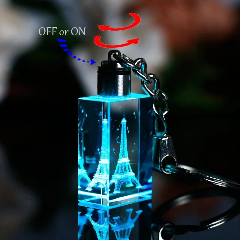 Hot Sale Creative Glow Keychain 2021 Fashion Colorful Fairy Tower Pattern Cube Shape Rhinestone clear Crystal LED Light Keyring
