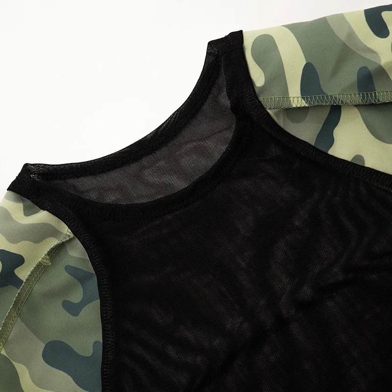 X2183 - hot sale long sleeve camouflage mesh see through sexy women short bodycon jumpsuits