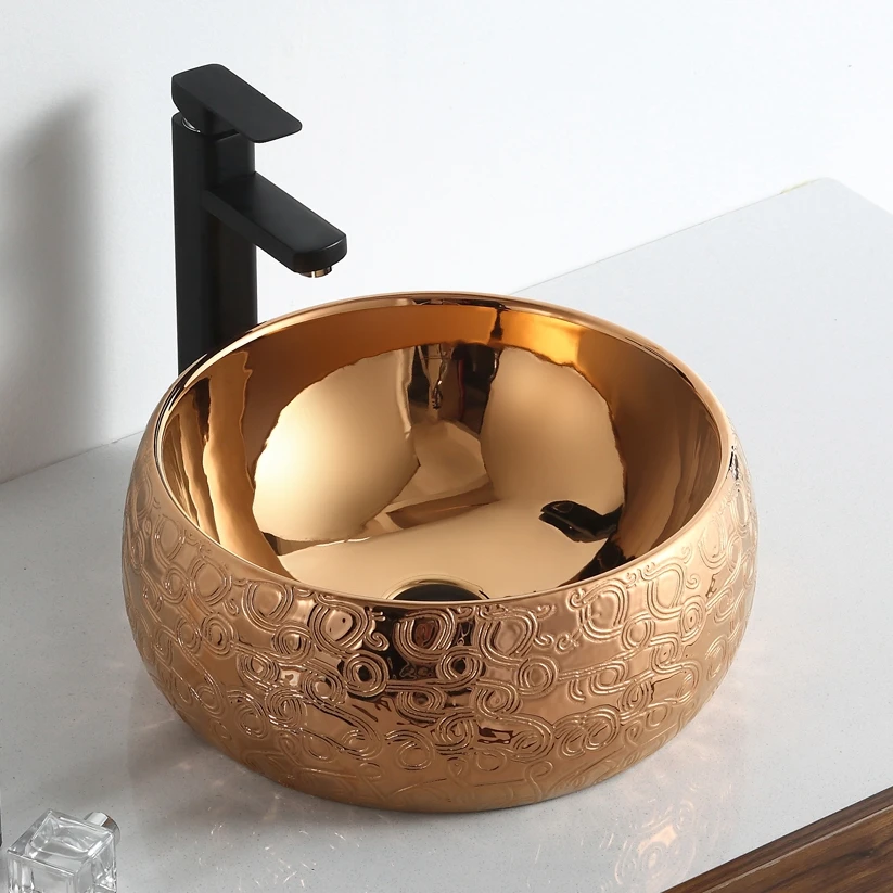 Bathroom furniture european design rose gold double layer round basin wash face and cabinet hand basin for public