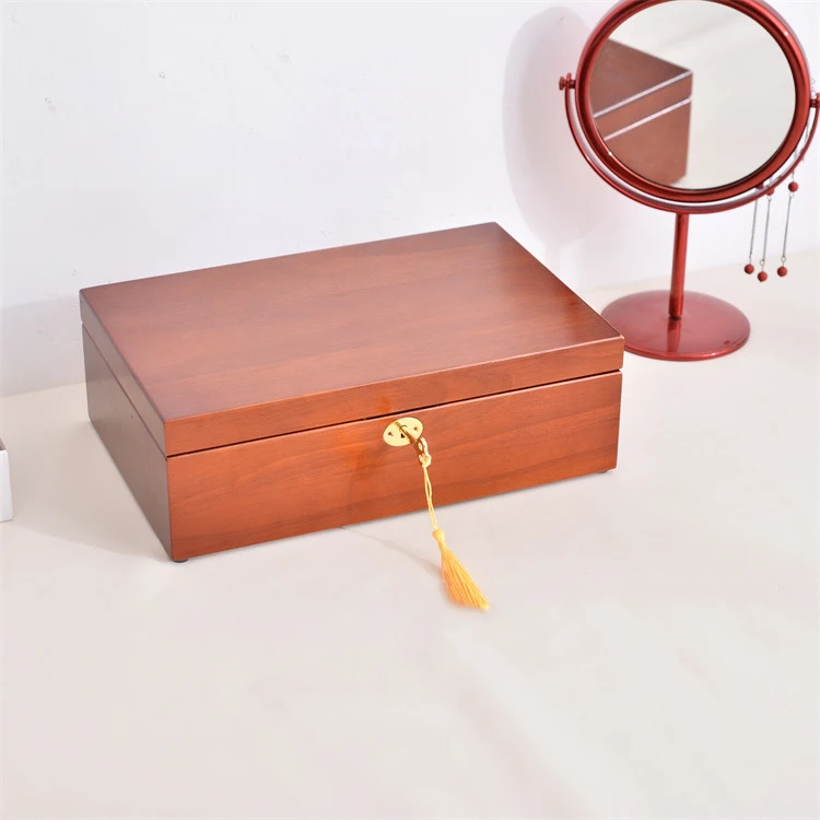 Pine solid wood jewelry storage boxes Flannelette jewelry ring earrings hand jewelry case Three gold Large capacity wooden box