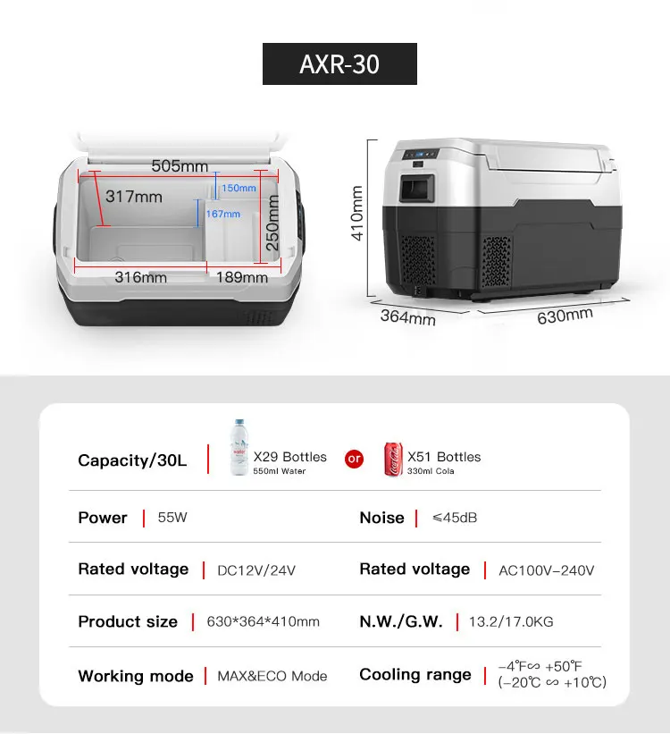 WAYCOOL AXR30 30L 12V/24V/AC100~240V  Compressor Car Freezer Refrigerator with CE CB SAA Certificates for Camping Outdoor