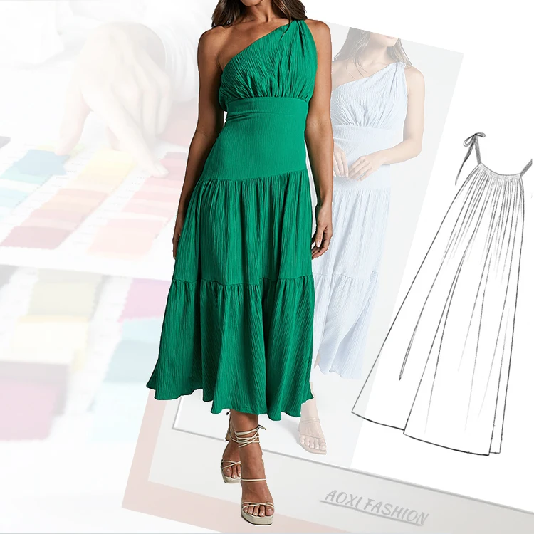 Women 2024 Summer Midi Tiered One Shoulder Dress Female Vestidos Solid Color Pleated V Neck Elegant Ladies Casual Maxi Dresses