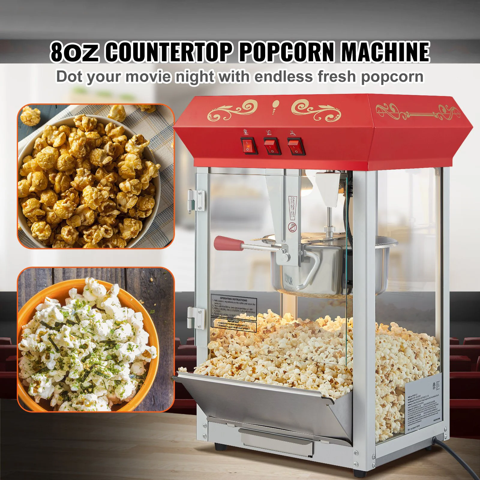 VEVOR Popcorn Popper Machine 8 Oz Countertop Popcorn Maker 850W 48 Cups Red