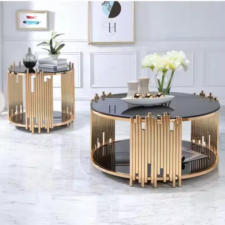Luxury coffee table 2 pieces set Modern gold stainless steel white oak round marble top coffee table