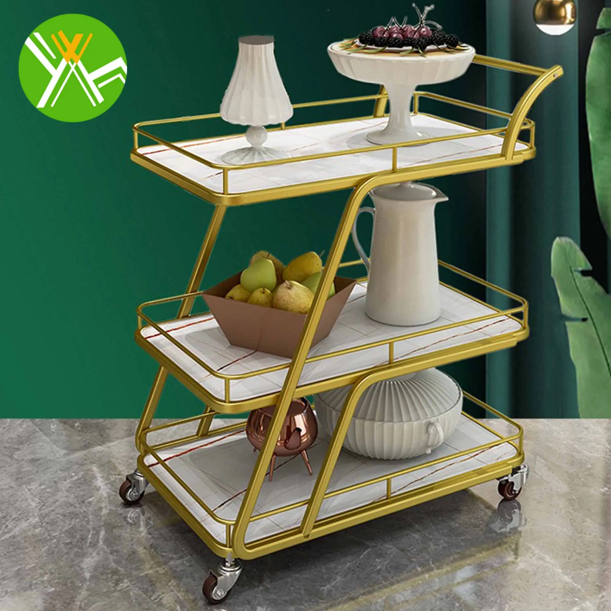 Yuhai Modern Portable 3 Tier Storage Metal Hotel Trolley Bar Cart Trolley Gold Wiggle Cart