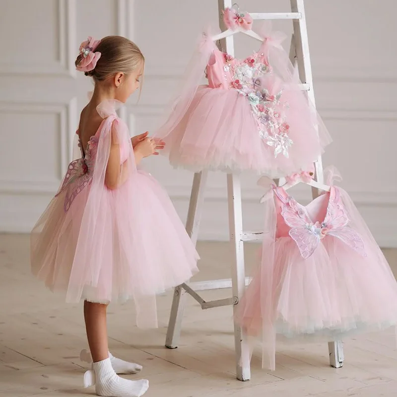 Factory Wholesale  Couture Butterfly Wings Applique Pearl Lace Tulle Fluffy Wedding Flower Girl Dress Birthday Party Dresses