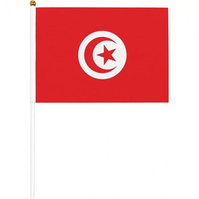 Festival Tunisian Hand Held Stick Waving Flag Of Tunisia With Plastic Flagpole Polyester Good Quality Digital Printing