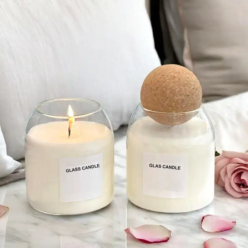 Handmade High borosilicate clear round candle holder empty glass jar with or without cork bamboo lid