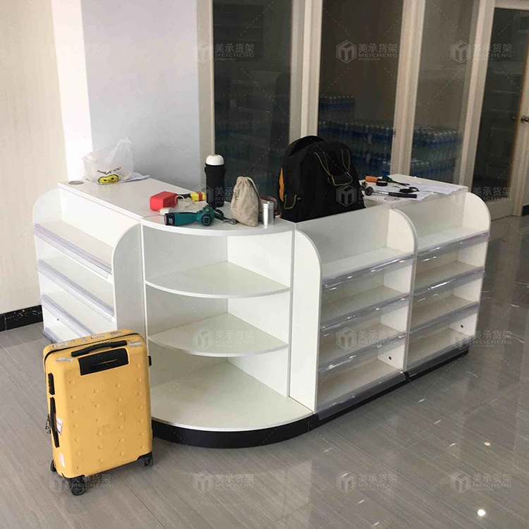 Meicheng Hot Sale Product Checkout Counter Wooden Cashier Check Table Sample Design Wood Grocery Shop Counter