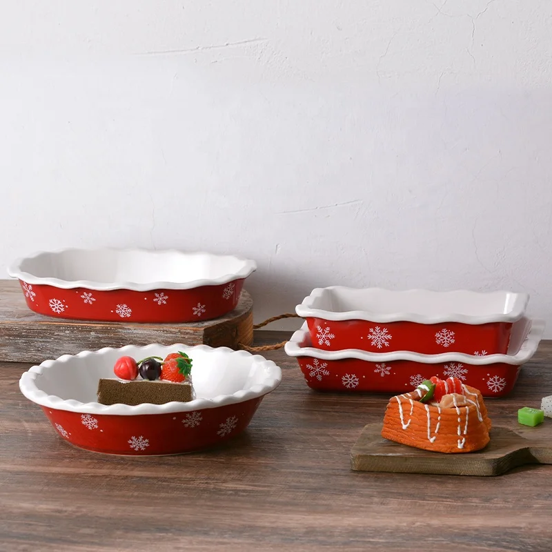 Popular Red Color Ceramic Bakeware Snowflake Pattern Christmas Style Stoneware Baking Dish Restaurant Pie Tray