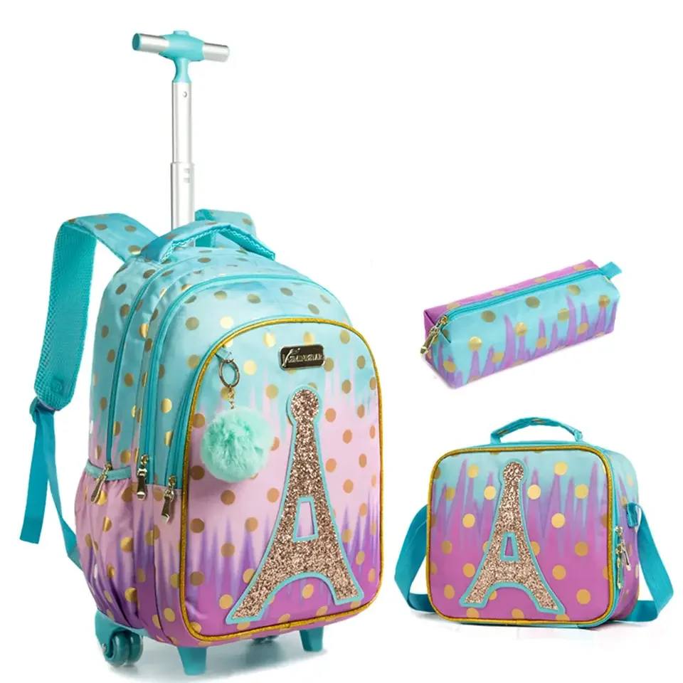 2023 New Fashion Eiffel Tower Sequins Four Wheel 3 Piece Set Children Kids Trolley School Bag Backpack With Lunch and Pencil Bag