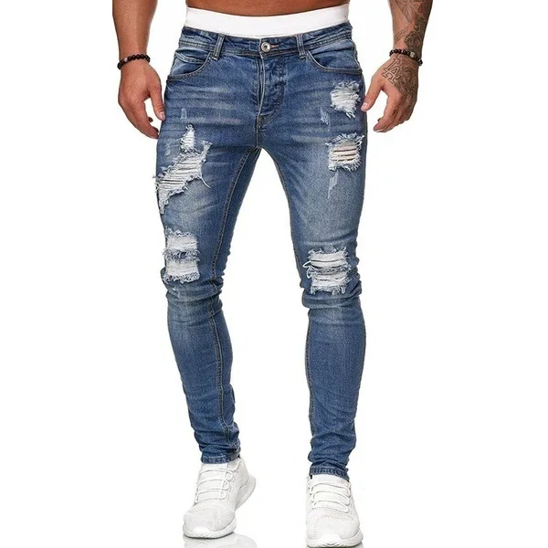 Hole grind white slim-fit denim trousers fashion distressed mid-waist pants for men