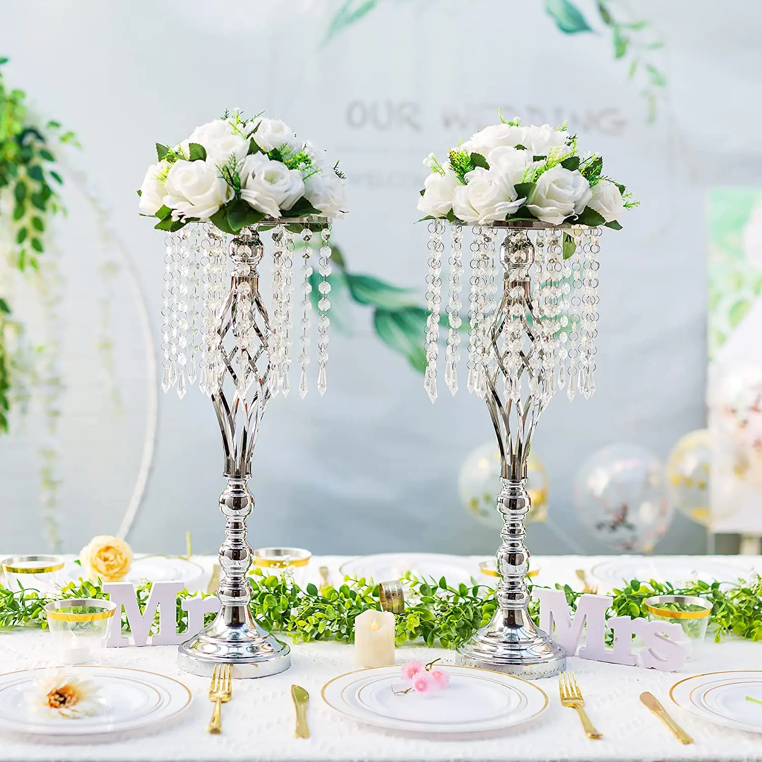 Metal Gold Wedding Centerpieces Table Decorations Flower Stand Vases Holder with Crystal Bead Chain For Party Wedding Decor