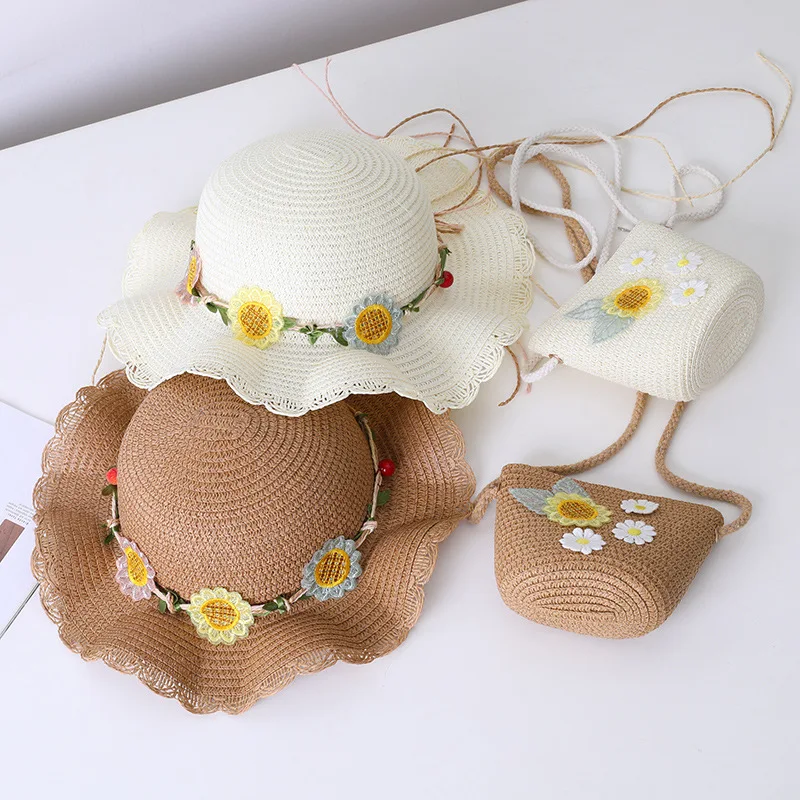 2023 корейский Детский милый соломенный Летний Пляжный комплект шляпы и сумки для детей