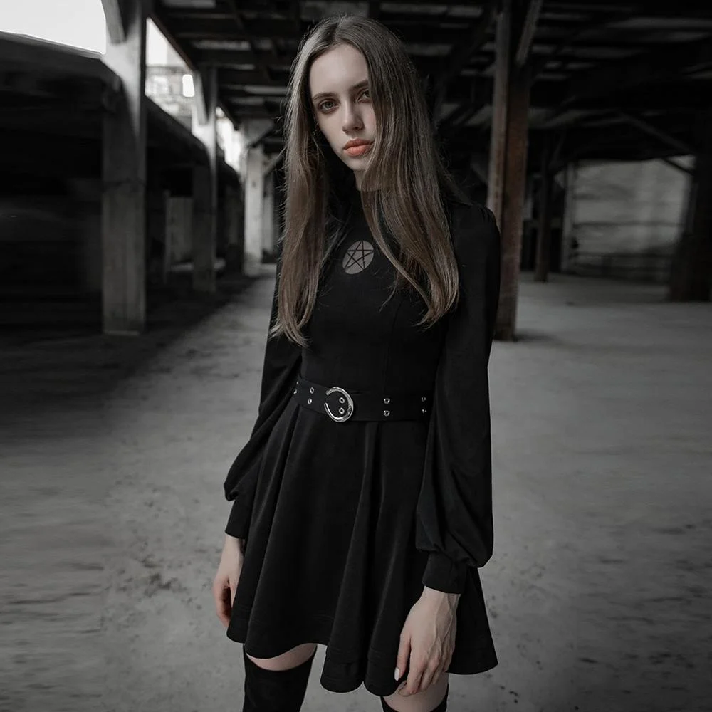 
OPQ456- PUNK RAVE Dark five-pointed star Dress (with Belt) party elegant black dress excellent quality party fancy dress 
