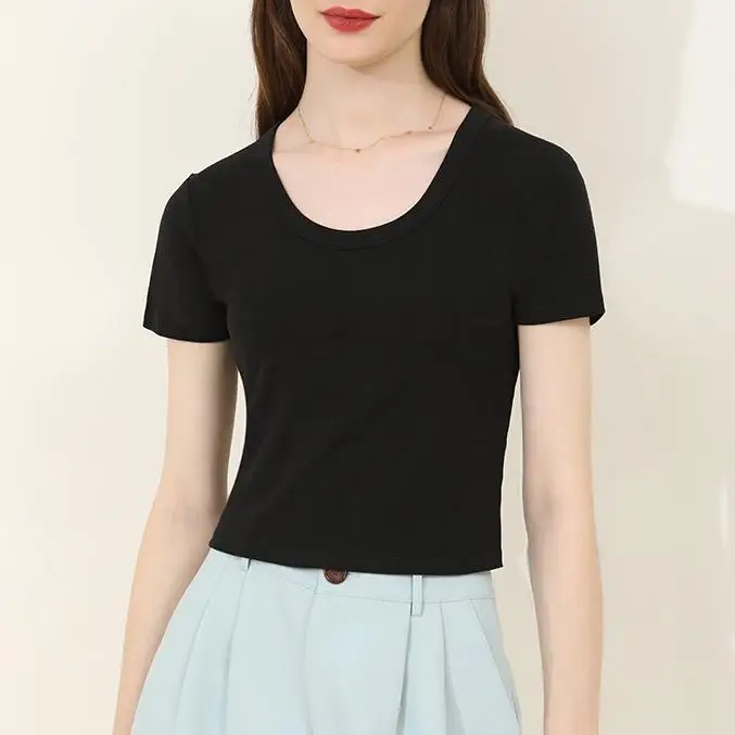 Wholesale Custom Casual Summer Short Sleeve Solid Color Black Slim Fit O-Neck Ribbed Oversized Crop Top T-Shirt For Women Cotton