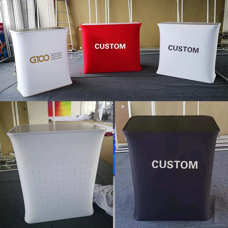 Portable Promotion Exhibition Counter Table Tension Fabric Curved Oval Trade Show Pop Up Counter Display With LED Light
