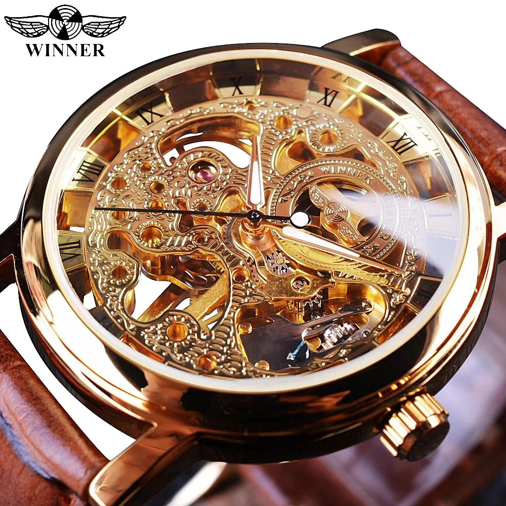 
WINNER 358-5 Transparent Golden Case Brown Leather Strap Top Brand Luxury Mechanical Skeleton Watches 