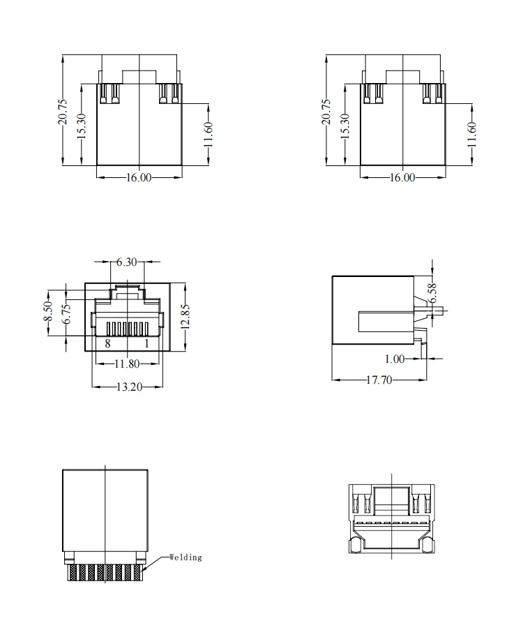180Degree RJ45 Female Connector Jack Lan Network RJ45 8P8C A Type Female Connector