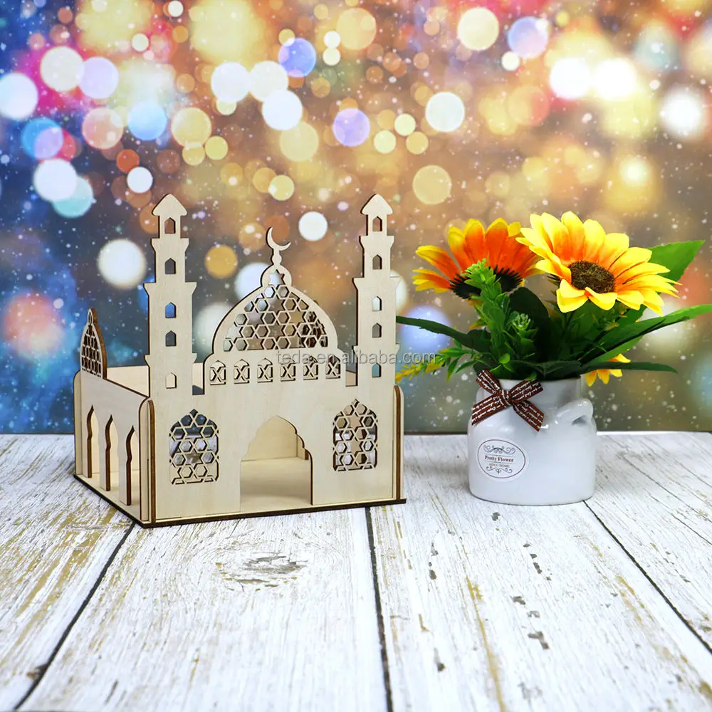 Islam Muslin Wood Ornament Wooden Mosque Shape Craft EID Ramadan Decoration