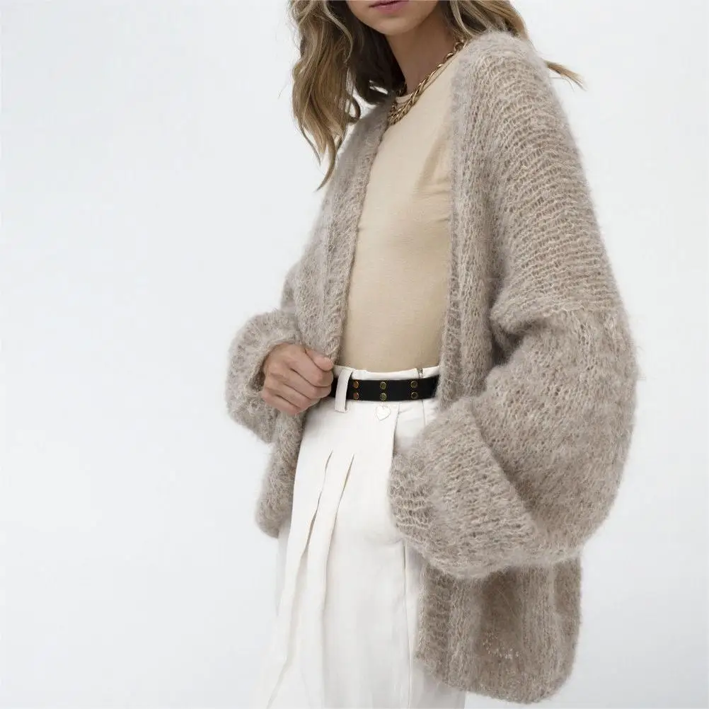 2024 Manufacturer Custom Handmade Oversized Ladies Fuzzy Knit Merino Wool Alpaca Open Front Cardigan Sweater For Women