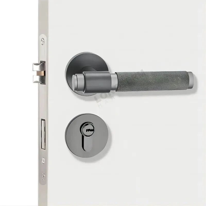 Zinc Alloy Knurled Door Handle Set Mortise Lock Handle Modern Black Round Lever Interior Door Handle for Wooden Doors
